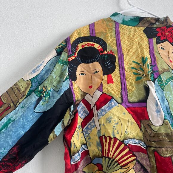 Chicos Button Up Top Women 3 XL Asian Geisha Print Silk Artsy Maximalist - Picture 2 of 12
